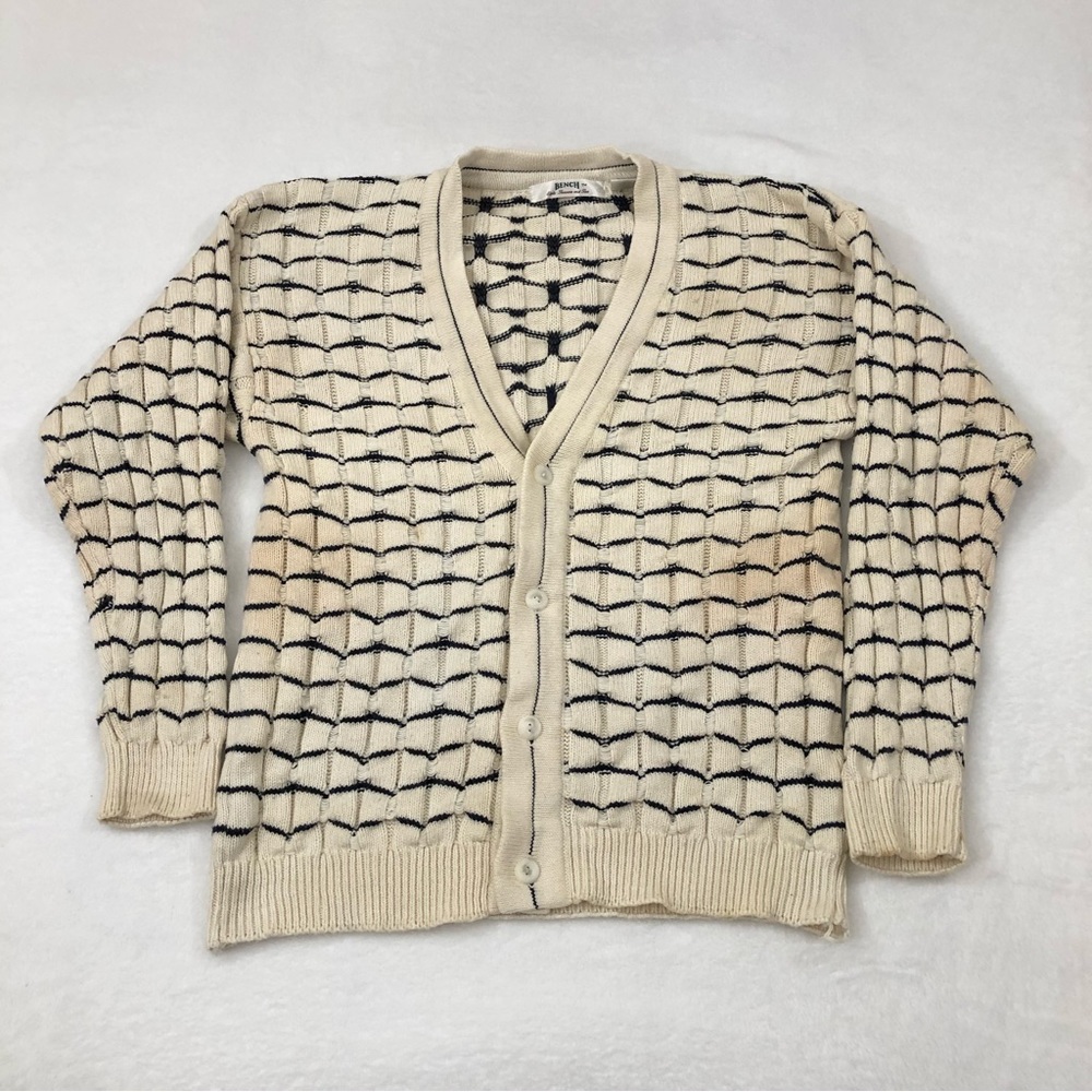 Vintage Bench Cream White Navy Waffle Knit V Neck Button Up Golf Sweater Mens L.